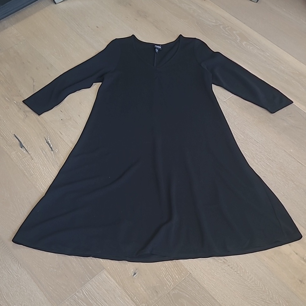 Eileen Fisher Dress Women's Large Black A Line V Neck Long Sleeve Midi Dress